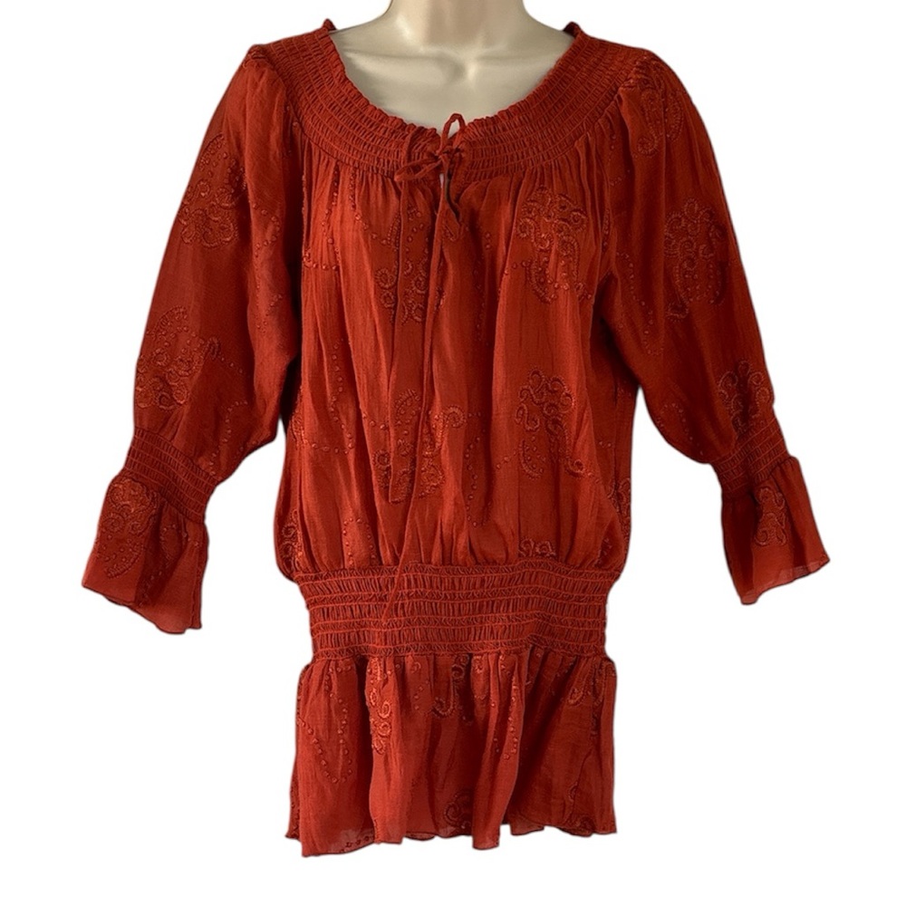 Urban Mango Womens Robyn Rust Orange Peasant Boho Tunic Off Shoulder Blouse